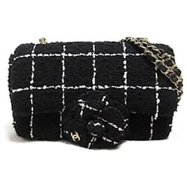 Chanel-Tweed-Umhängetasche mit Kamelie-Muster-Schwarz