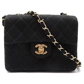Chanel-Mini bolsa quadrada acolchoada de algodão com aba-Preto