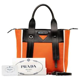 Prada-Ouverture Leather Trimmed Canvas Tote Bag-Orange