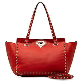 Valentino-Leather Rockstud Tote Bag-Red