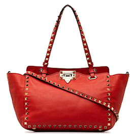 Valentino-Leather Rockstud Tote Bag-Red