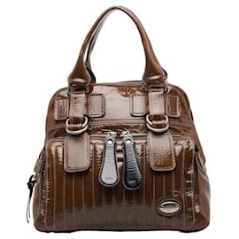 Chloé-Quilted Patent Leather Bay Bag-Brown