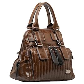 Chloé-Quilted Patent Leather Bay Bag-Brown