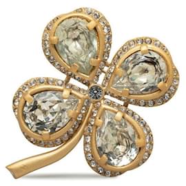 Chanel-Broche de trébol de diamantes de imitación-Dorado