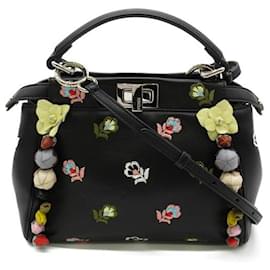 Fendi-Mini Peekaboo Embroidered Flower Leather Handbag-Black