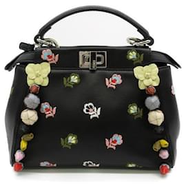 Fendi-Mini-Peekaboo-Handtasche aus Leder mit bestickten Blumen-Schwarz