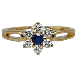 Mikimoto-18K Diamond Sapphire Flower Ring-Golden
