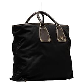 Prada-Tessuto Leather-Trimmed Tote Bag-Black