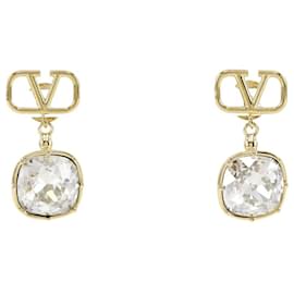 Valentino-V Logo Drop Crystal Earrings-Golden