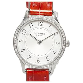 Hermès-Reloj delgado d'Hermès con bisel de diamantes-Plata