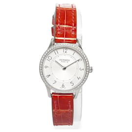Hermès-Schlanke d'Hermès-Uhr mit Diamantlünette-Silber