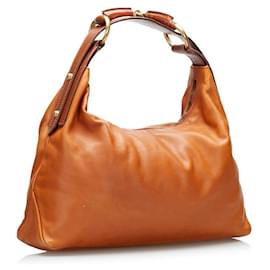 Gucci-Leather Horsebit Hobo Bag-Brown