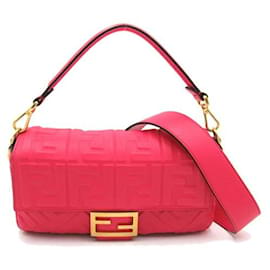 Fendi-Logo Embossed Leather Baguette-Pink