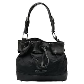 Burberry-Canvas Leather Trim Drawstring Shoulder Bag-Black
