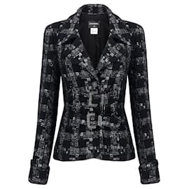 Chanel-Nuova giacca in tweed nero con cintura e bottoni CC.-Nero