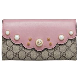 Gucci-Portafoglio continentale con borchie in perle finte con logo in tela GG-Rosa