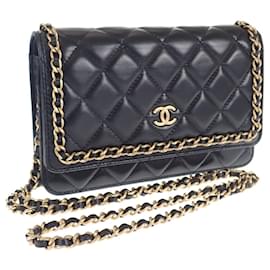 Chanel-Corrente acolchoada CC em torno da carteira na corrente-Preto