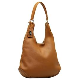Fendi-Leather Selleria Hobo Bag-Brown