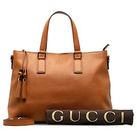 Gucci-Leather Bamboo Tassel Tote Bag-Brown