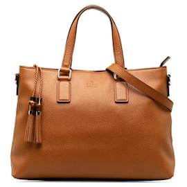 Gucci-Leather Bamboo Tassel Tote Bag-Brown