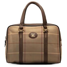 Burberry-Plaid Canvas Handbag-Brown