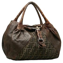 Fendi-Canvas Leather Trimmed Handbag-Brown