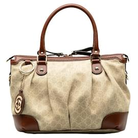 Gucci-Canvas Leather Trim Sukey Handbag-Brown