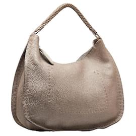Fendi-Leather Selleria Hobo Bag-Grey