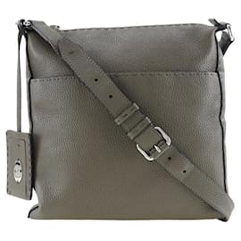 Fendi-Leather Selleria Crossbody Bag-Grey