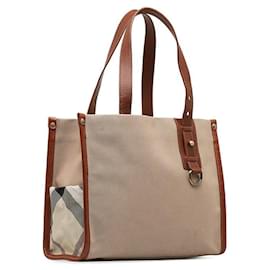 Burberry-Canvas & Leather Trim Handbag-Brown