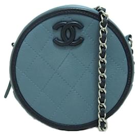 Chanel-Quilted Leather Round Chain Crossbody Bag-Blue