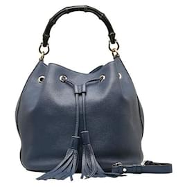 Gucci-Bamboo Drawstring Leather Shoulder Bag-Blue