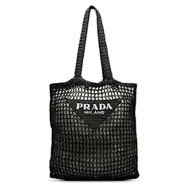 Prada-Raffia Logo Tote Bag-Black