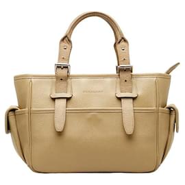 Burberry-Leather Side Pocket Tote Bag-Brown
