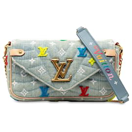 Louis Vuitton-Blue Louis Vuitton Embroidered Monogram Denim New Wave Chain Pochette Crossbody Bag-Blue