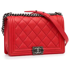 Chanel-Red Chanel Small Lambskin Double Stitch Boy Flap Shoulder Bag-Red
