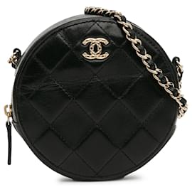 Chanel-Crossbody Chanel preto acolchoado em pele de cordeiro redonda-Preto