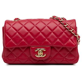 Chanel-Borsa a tracolla rettangolare singola con patta rossa Chanel Mini Classic in pelle di agnello-Rosso