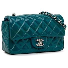 Chanel-Bolsa Chanel Mini Classic Azul Patente Retangular com Aba Única Crossbody-Azul