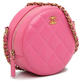 Chanel-Chanel rosa acolchoado pele de cordeiro redonda como terra crossbody-Rosa