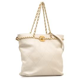 Chanel-White Chanel Quilted calf leather CC Lock Chain Shopping Tote Satchel-White