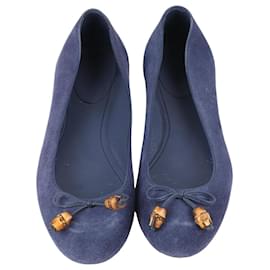 Gucci-Gucci Blue Suede Bamboo Bow Ballet Flats, Size 37.5-Blue