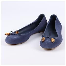 Gucci-Gucci Blue Suede Bamboo Bow Ballet Flats, Size 37.5-Blue