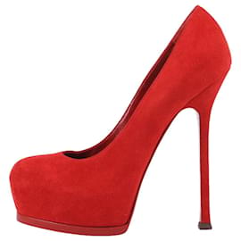 Saint Laurent-SAINT LAURENT Tribute Two Red Suede Pumps in size 37.5-Red