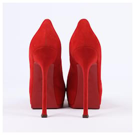 Saint Laurent-SAINT LAURENT Tribute Two Red Suede Pumps in size 37.5-Red