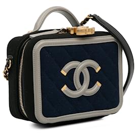 Chanel-Chanel Blue Small Jersey CC Filigree Vanity Case-Blue,Navy blue