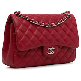 Chanel-Chanel Red Jumbo Classic Lammfell gefütterte Klappe-Rot