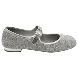 Chanel-Chanel CC Cap Toe Mary Jane Flats in Silver Glitter-Silvery,Metallic