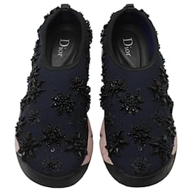 Dior-Dior Fusion Embellished Slip-On Sneakers in Navy Blue Mesh-Blue,Navy blue