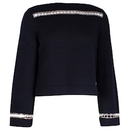 Chanel-Maglione Chanel con scollo a barca e finiture a catena in cashmere nero-Nero